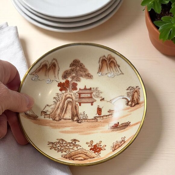 Euroasia LTD Japanese Porcelain Decorative Bowl Gold Rim & Painted Scenic Design - Picture 1 of 4